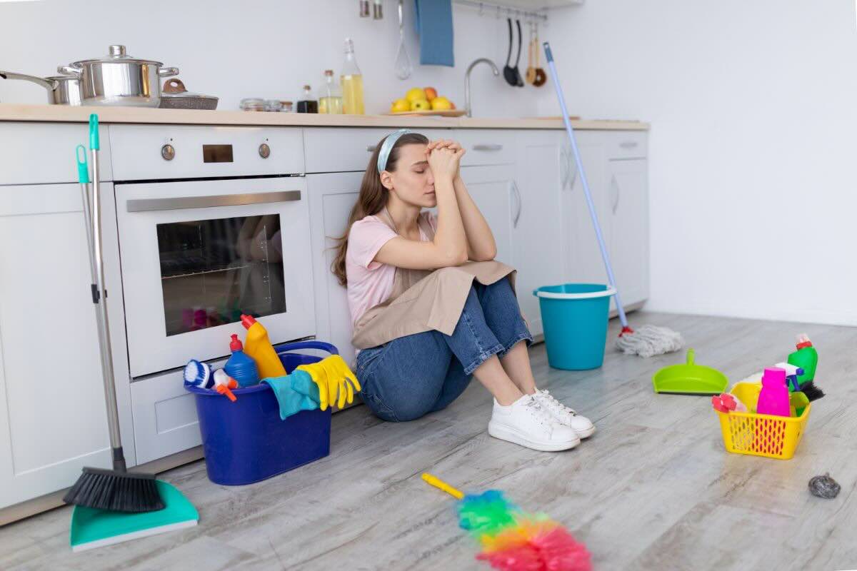 Ragazza seduta davanti la cucina con attrezzi e strumenti per fare le pulizie
