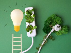 sfondo prese elettriche e piante e scaletta con lampadina luminosa