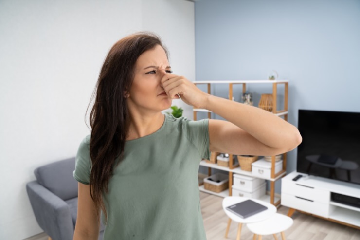 donna che si tappa il naso in casa