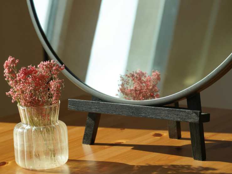 specchio e vasetto con fiori rosa