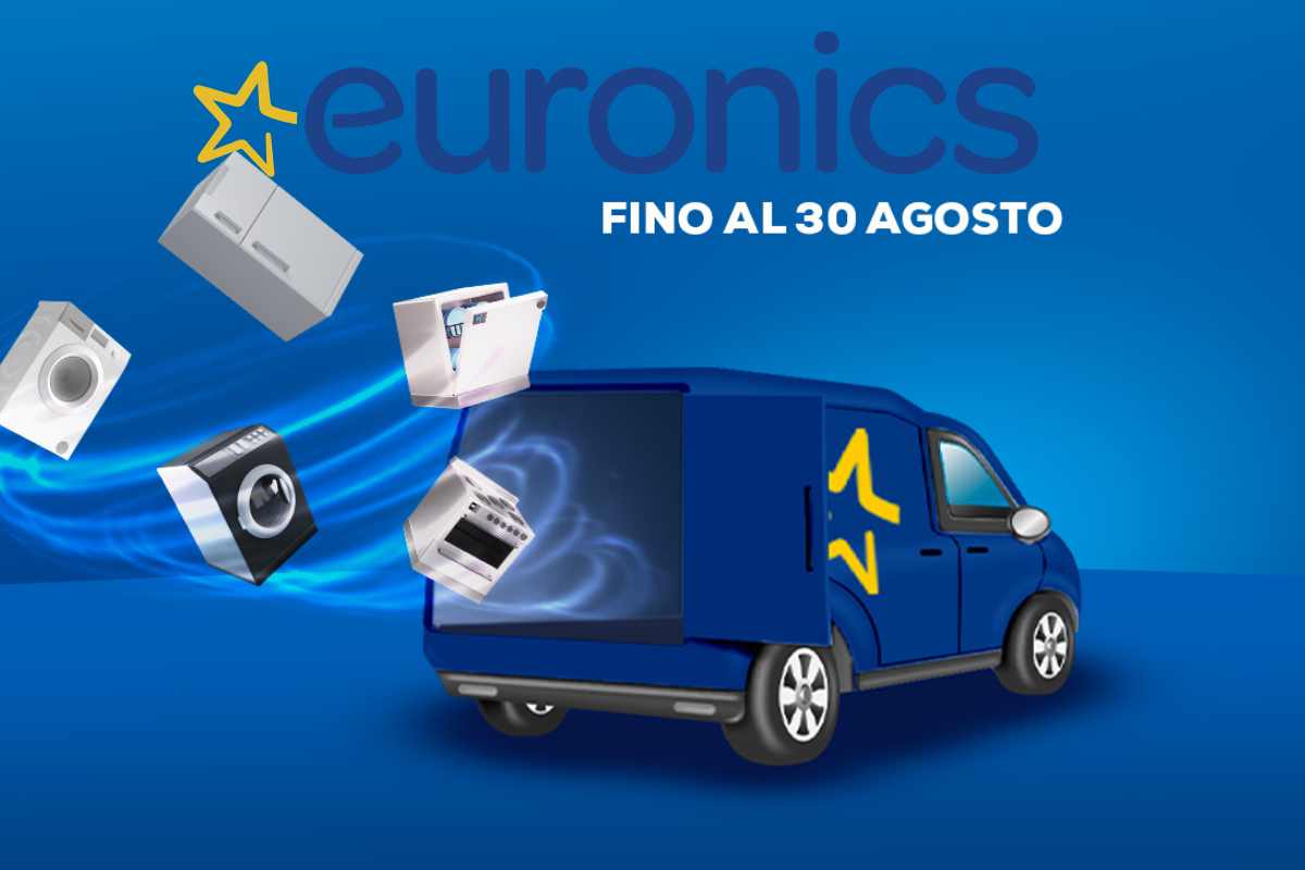 logo euronics, illustrazione di un furgoncino ed elettrodomestici