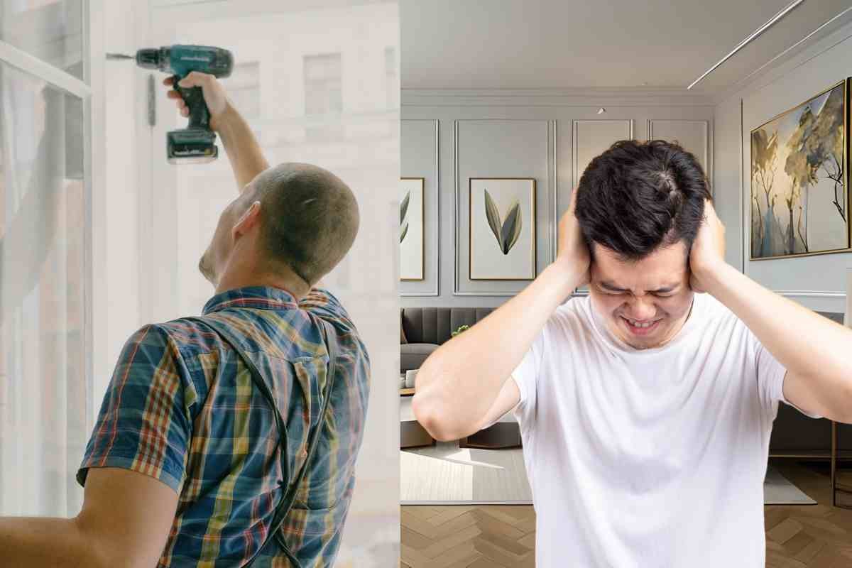 Persona con trapano e persona che tappa le orecchie