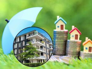 sfondo casette e monete euro e tondo con condominio