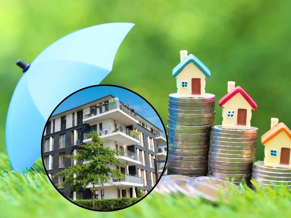 sfondo casette e monete euro e tondo con condominio