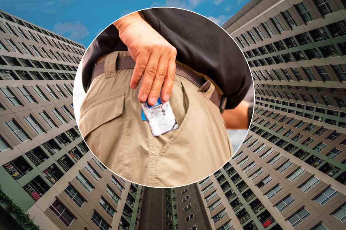 collage palazzi e uomo che mette in tasca una carta