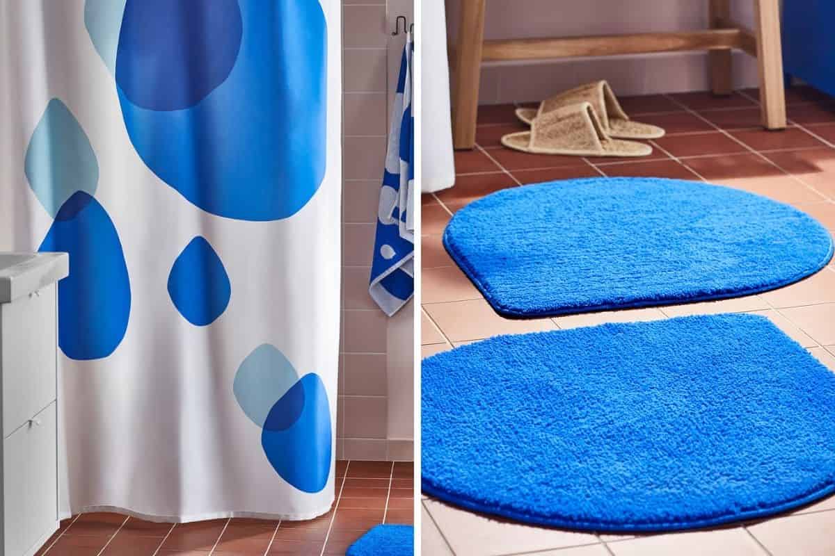 Tenda doccia e tappeti blu