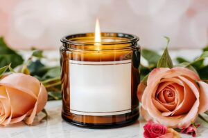 una candela profumata con attorno delle rose