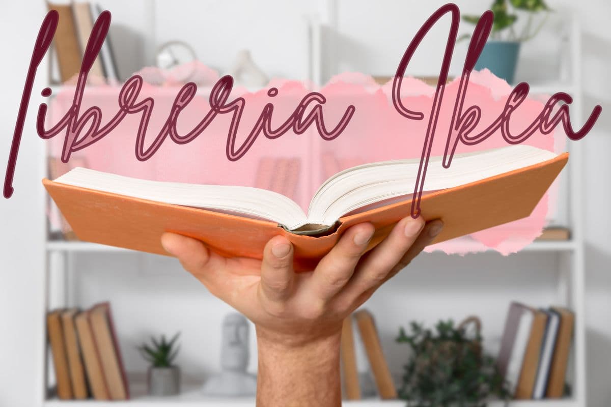 mano con libro e libreria di sfondo