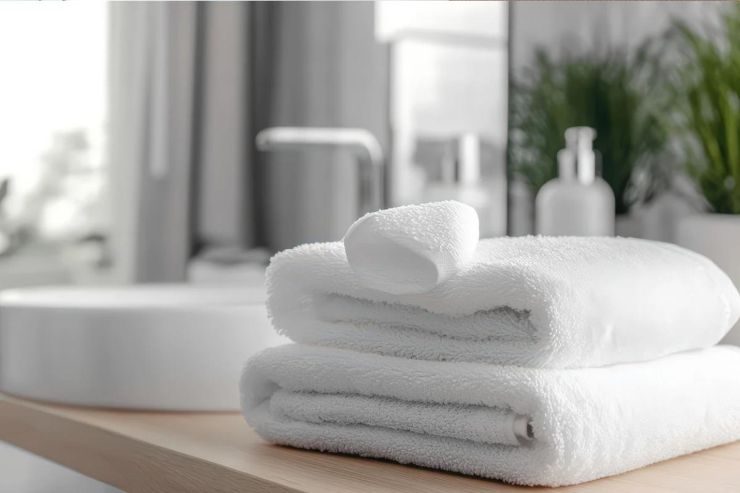 un lavandino di un bagno con in primo piano due asciugamani