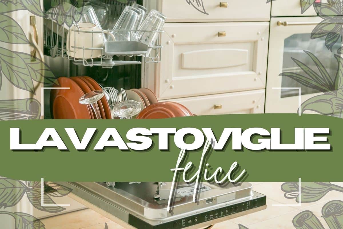 Lavastoviglie sullo sfondo e scritta al primo piano