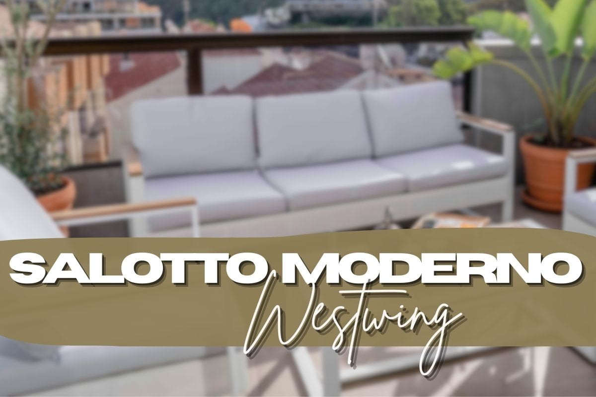 salotto su terrazzo con scritte in primo piano