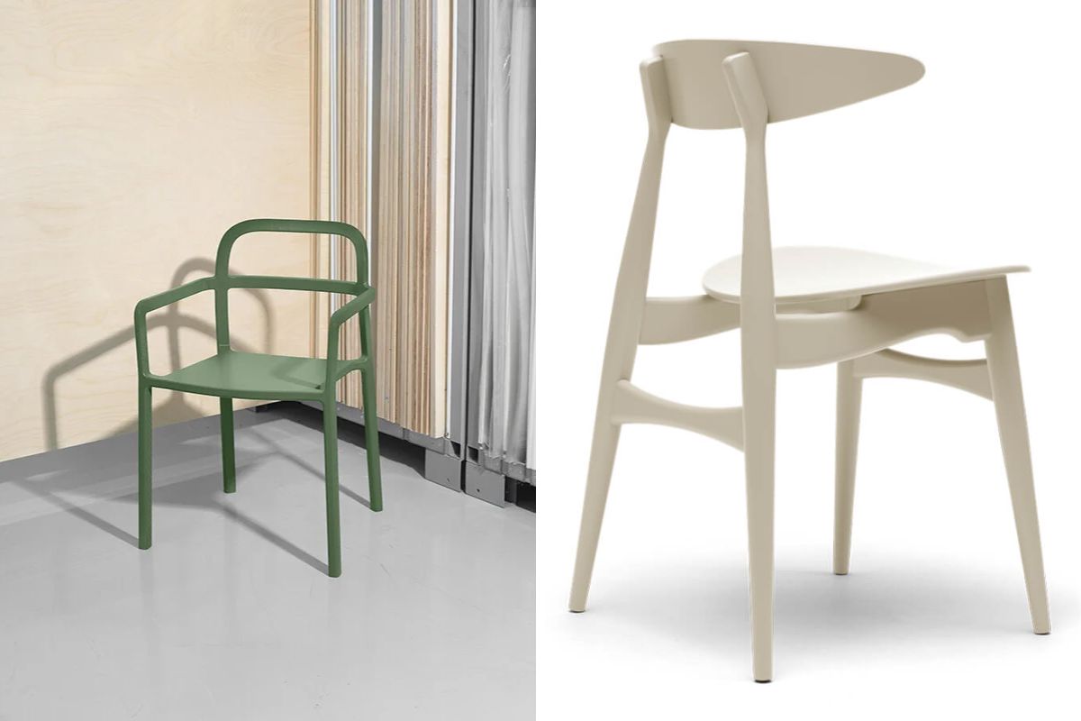 sedie di design rigide, una di colore verde e l'altra bianca