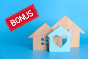 delle sagome in legno a forma di casa ed una scritta "Bonus" in alto a sinistra