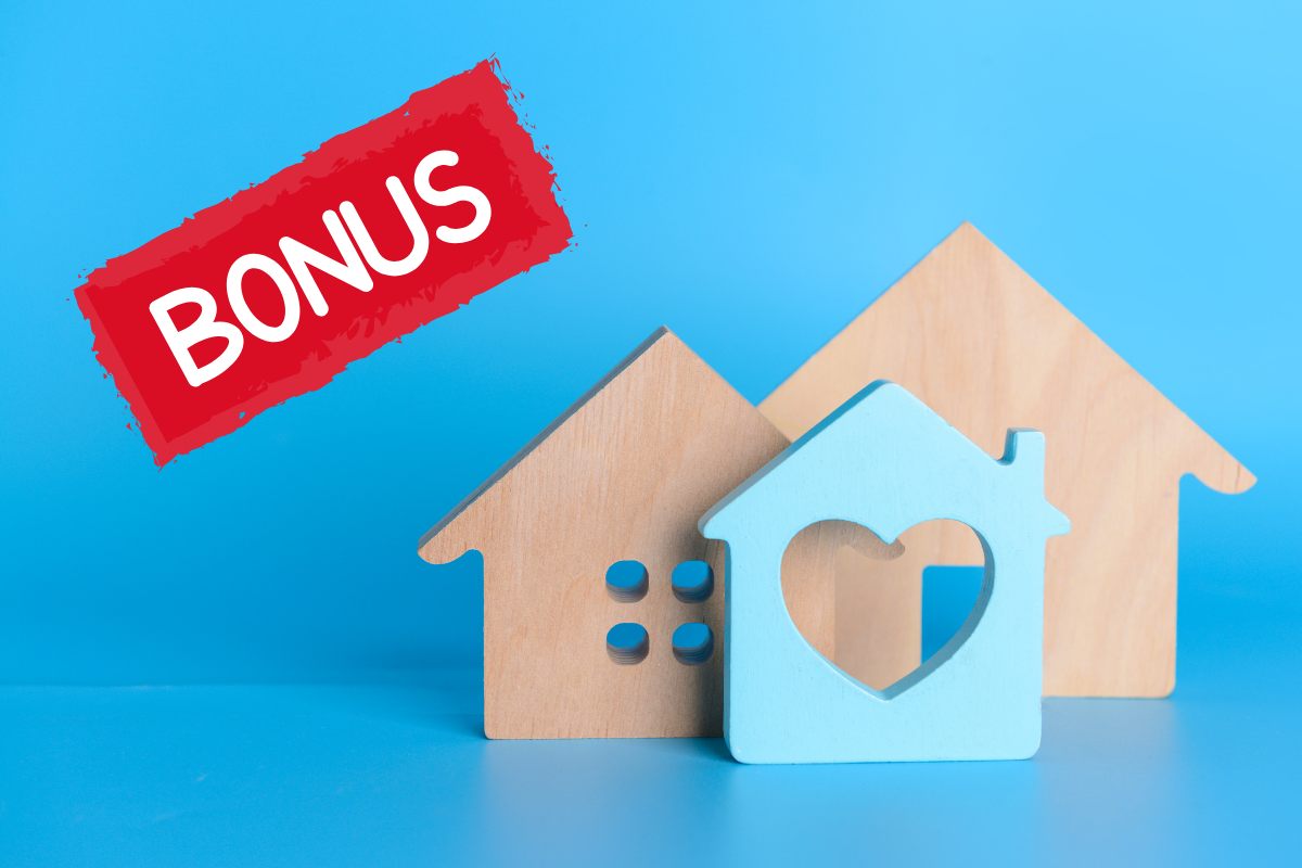 delle sagome in legno a forma di casa ed una scritta "Bonus" in alto a sinistra