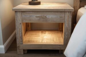 un comodino costruito con il legno di pallet fai da te vicino al letto