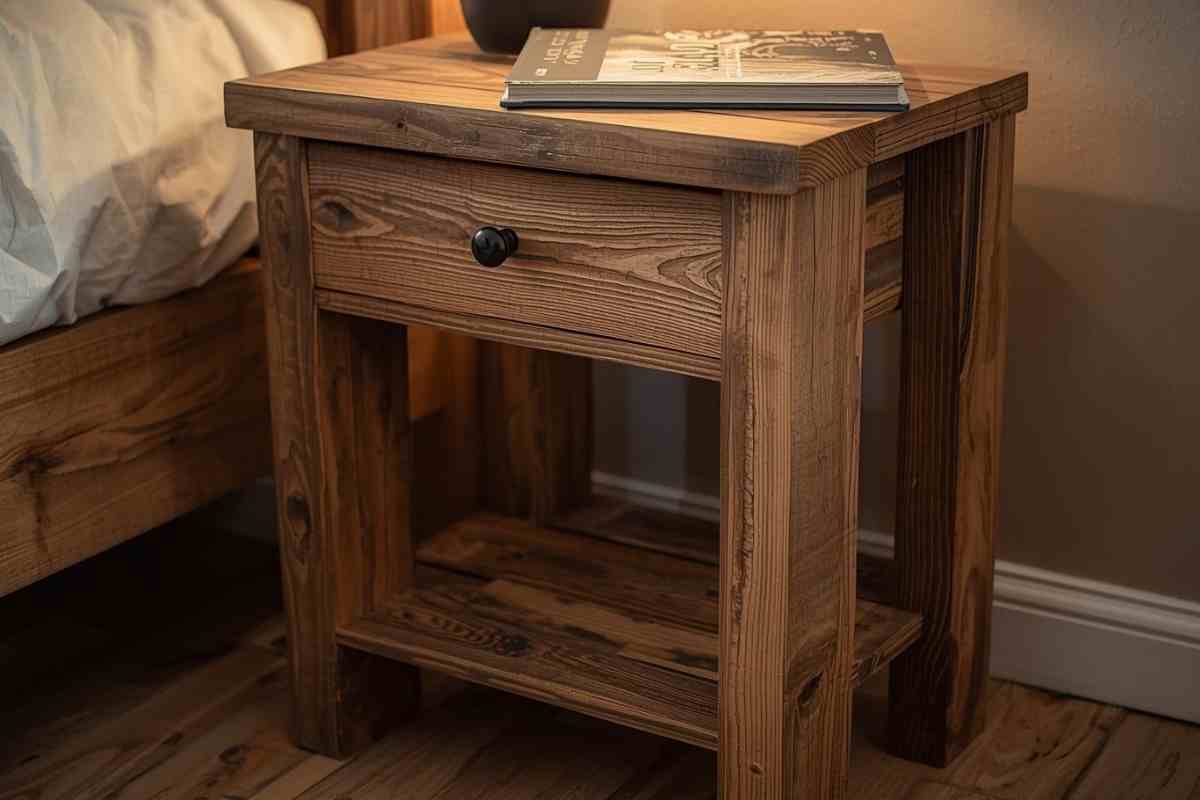 un comodino fai da te realizzato con i pallet con sopra un libro e una lampada