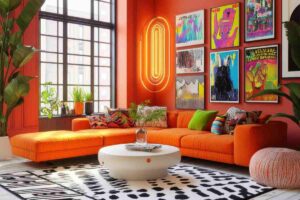 foto arredamento stile moderno soggiorno con divano angolare arancione