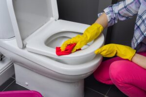 donna che lava il WC con sapone e una spugna