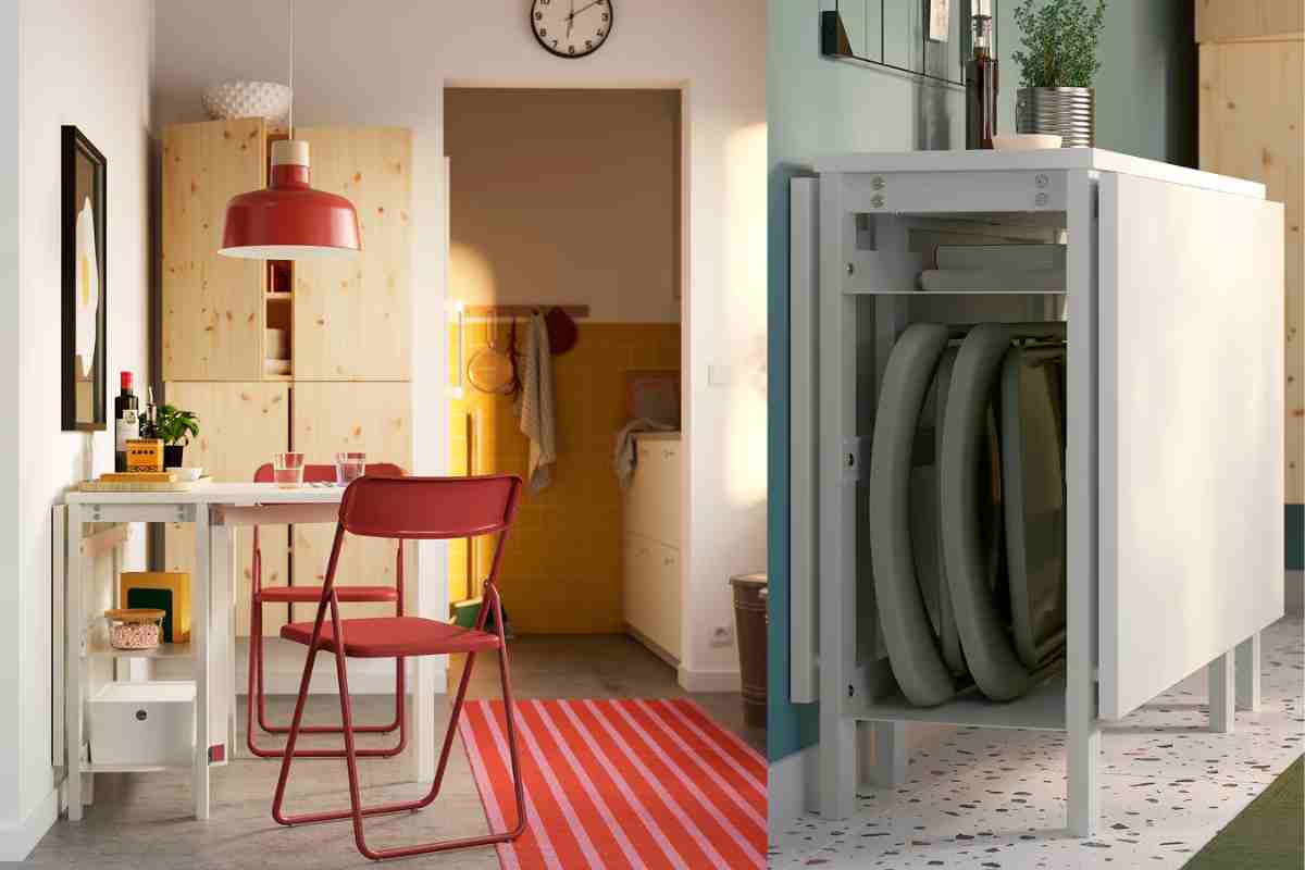Sedie VIHALS ikea in una zona pranzo scandinava aperte intorno al tavolo e chiuse e riposte nel tavolo stesso