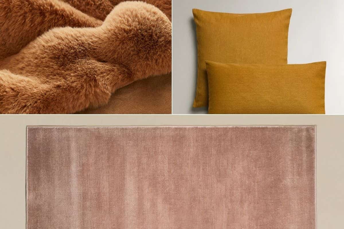 plaid ruggine, cuscini ocra e tappeto terracotta