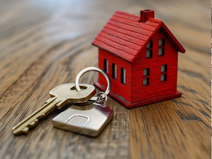 sfondo parquet, casetta rossa, chiavi con portachiave a forma di casa