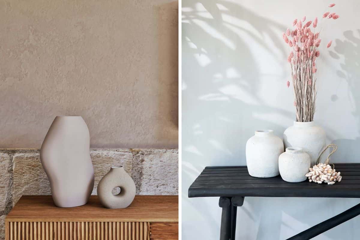 Vasi in gres e tavoli di legno