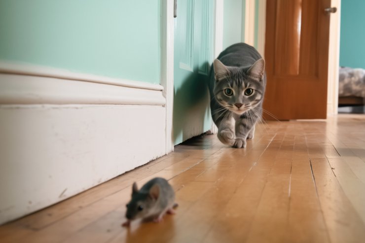 Un topo in casa che è inseguito da un gatto