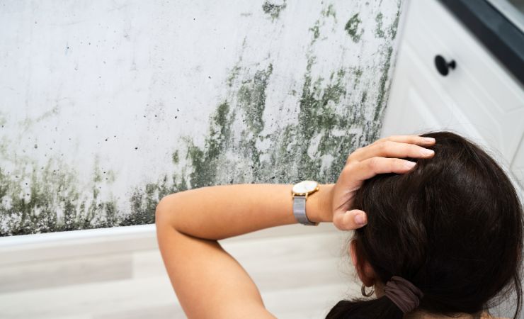 donna disperata che guarda muro di casa con muffa