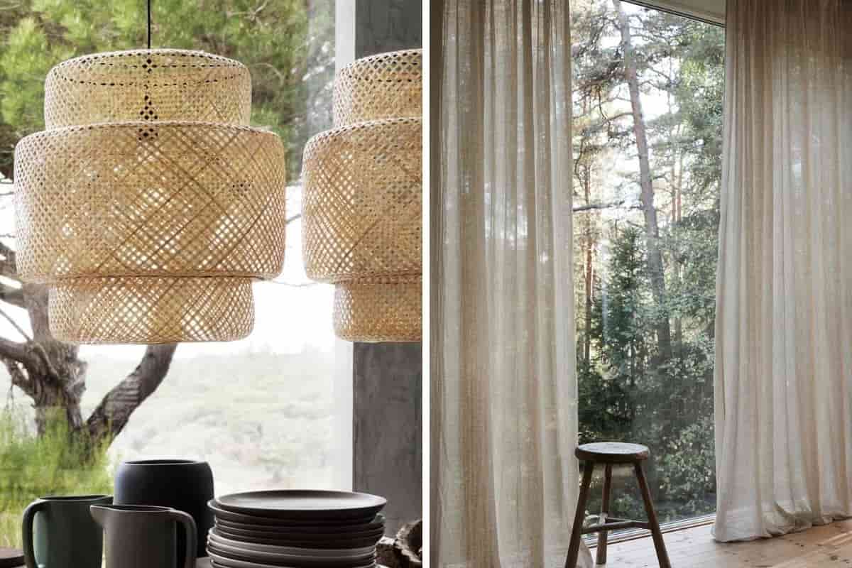 Lampade sospese e tende di lino