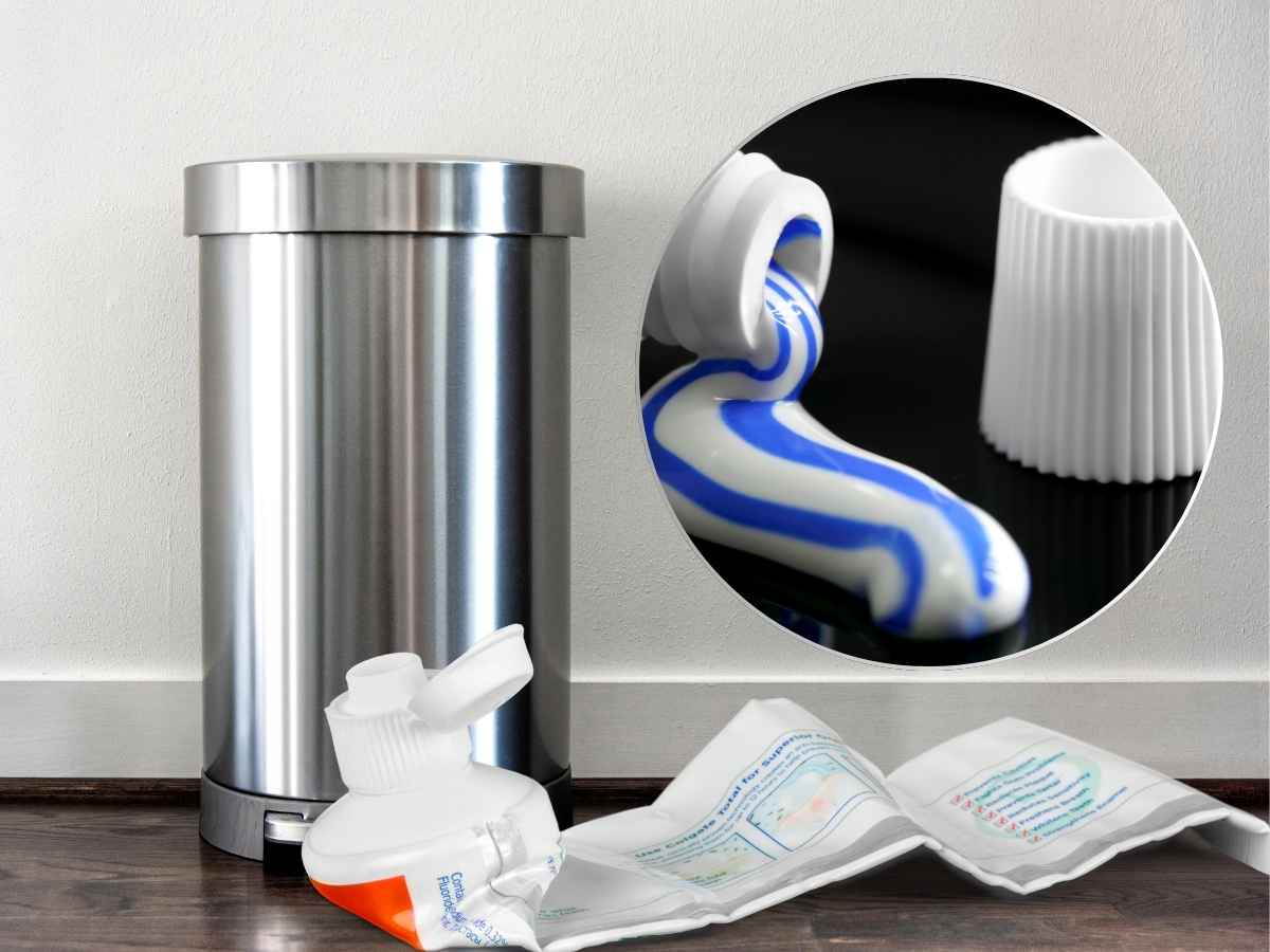 sfondo secchio in primo piano tubetto dentifricio finito