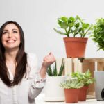 delle piante da interno ed accanto una donna felice che esulta
