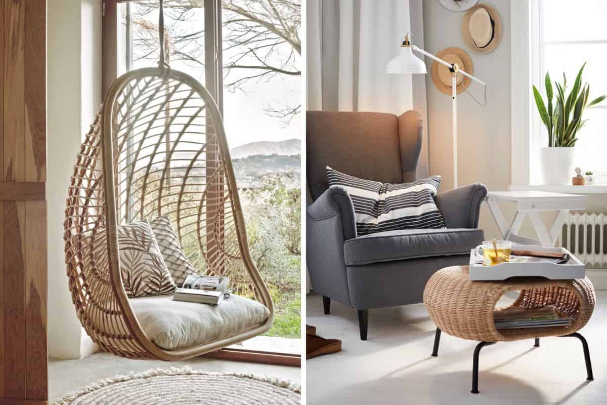 Poltrona sospesa e tavolino in rattan