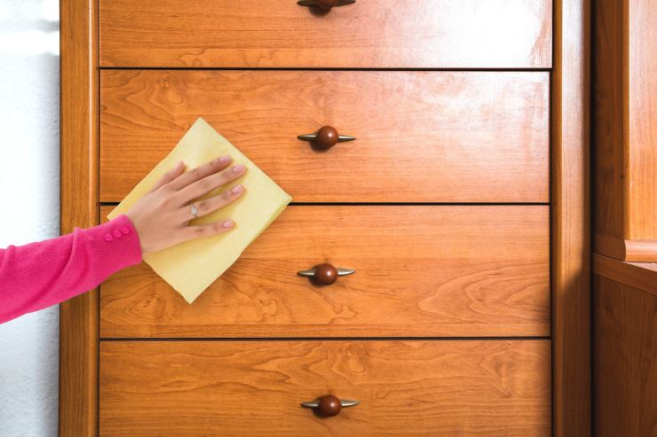 una ragazza che lava un mobile in legno