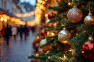 Una città in pieno periodo natalizio e sulla metà destra si vede un albero di natale con i suoi decori