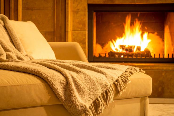 Un salone con un divano ed un termocamino