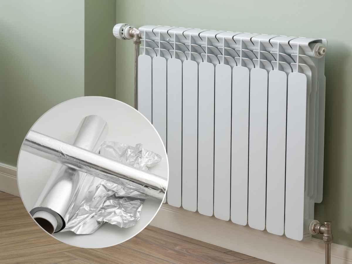 termosifone sullo sfondo, carta stagnola in primo piano