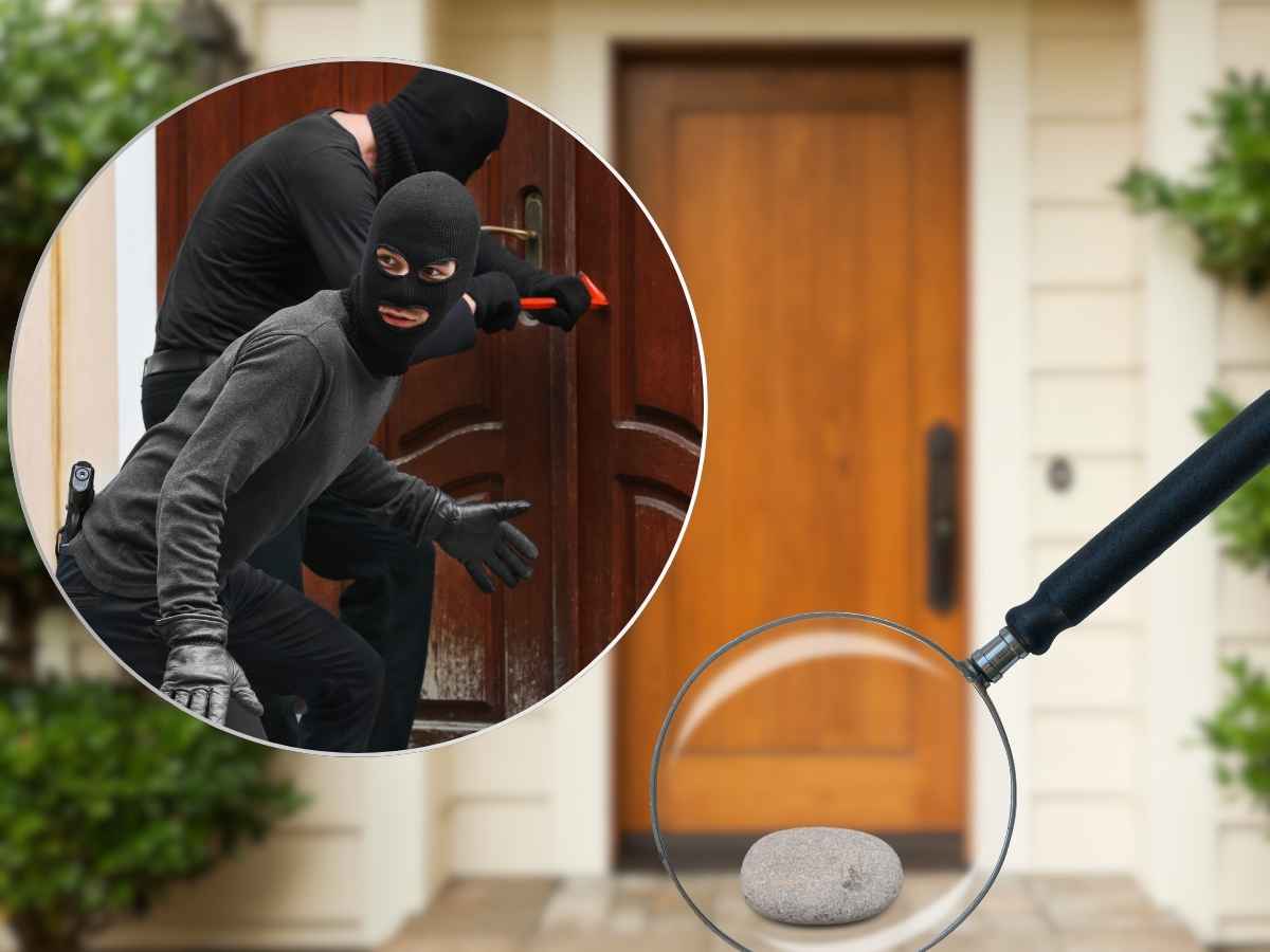 sfondo ingresso casa, ladri nel cerchietto e focus su sassolino davanti al portone