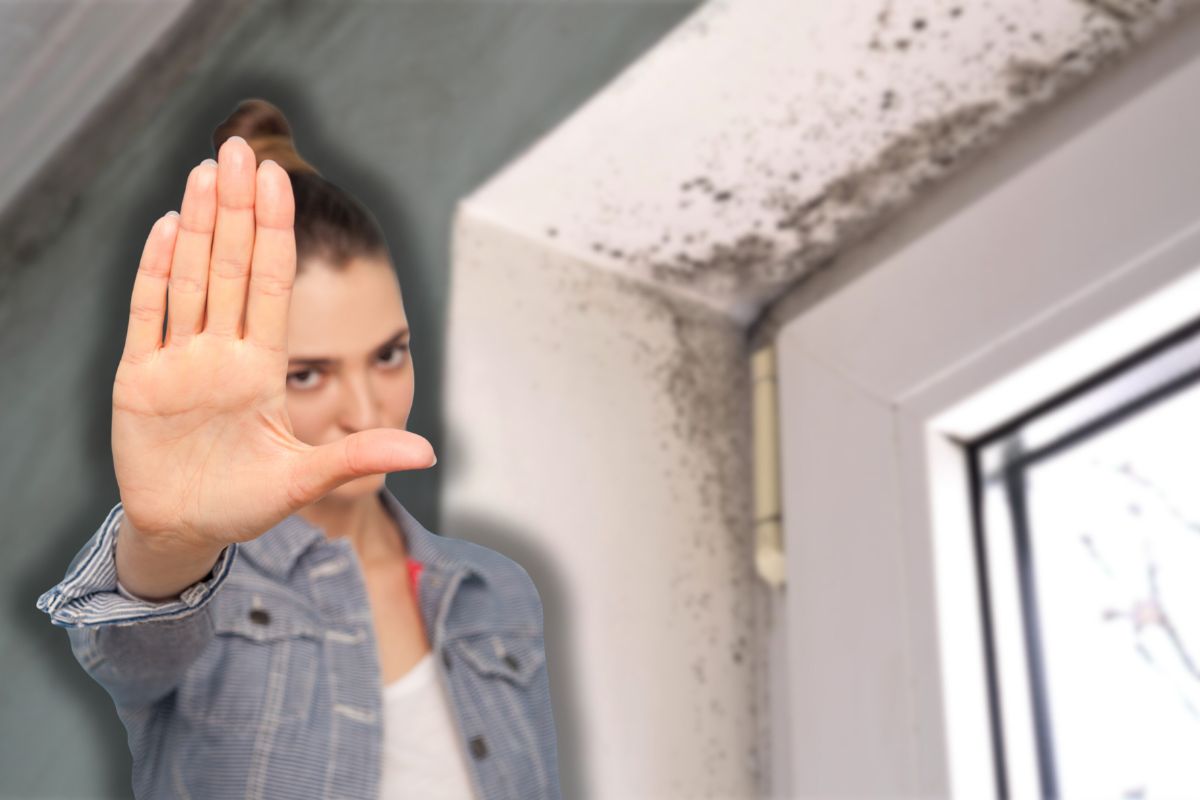 muffa su muro e donna che fa stop con le mani