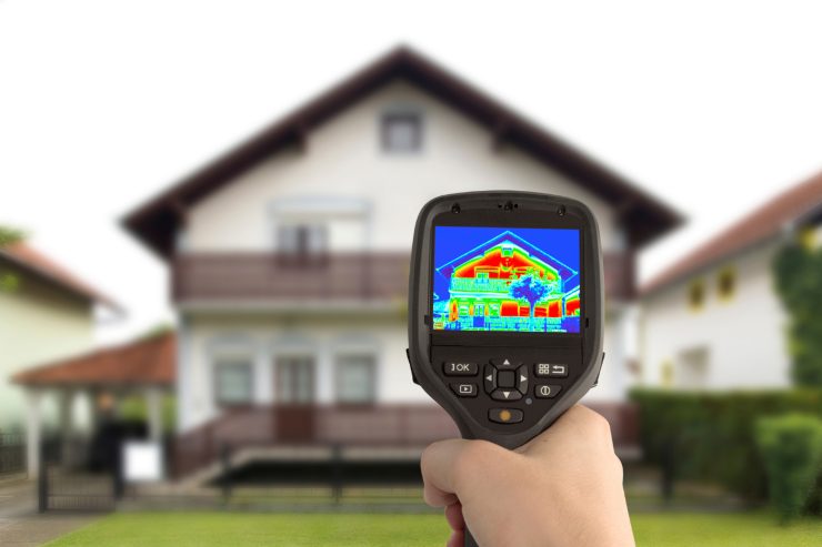 Una casa come sfondo ed un termometro a infrarossi che mostra le temperature