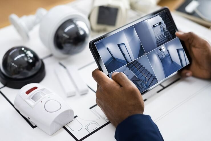 Guardare interno casa con tablet, dispositivi per la sicurezza