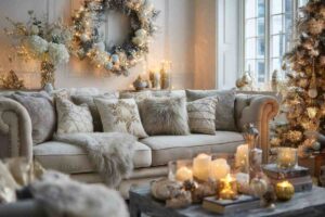 un soggiorno arredato e decorato per natale in stile parigino con Maisons du Monde