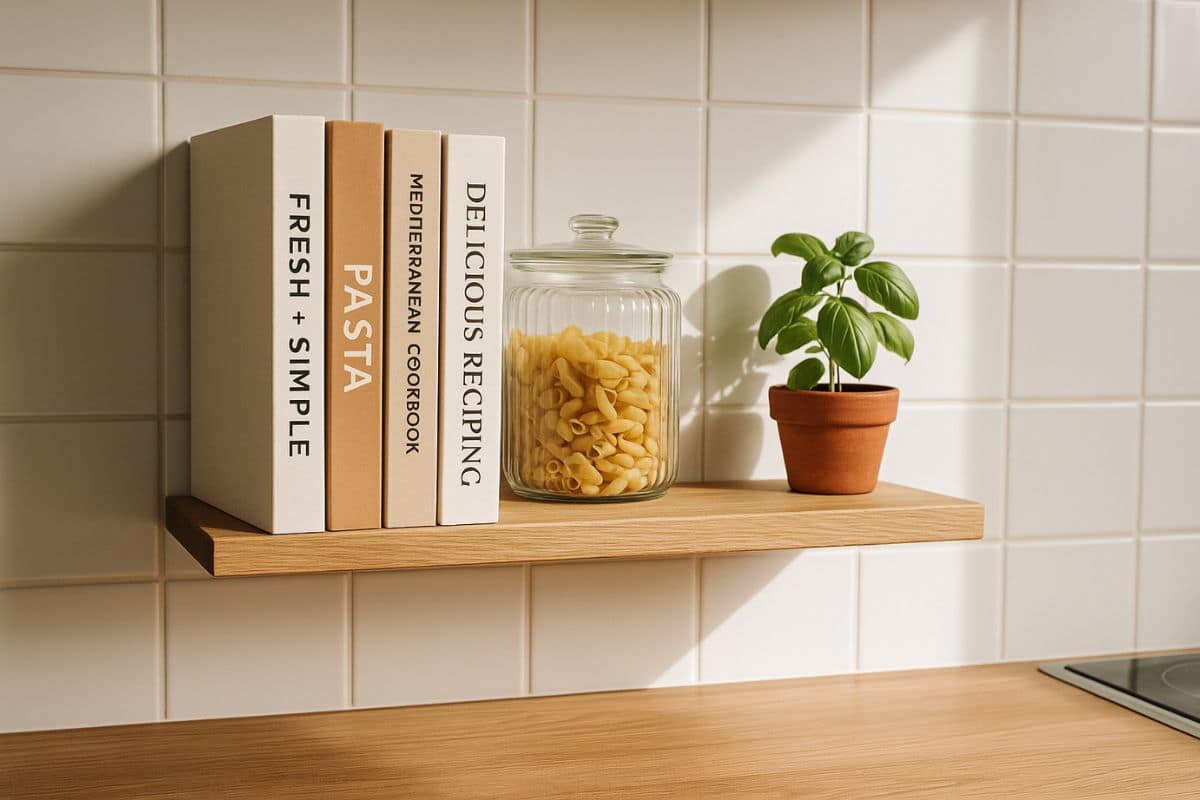Libri su mensola in cucina