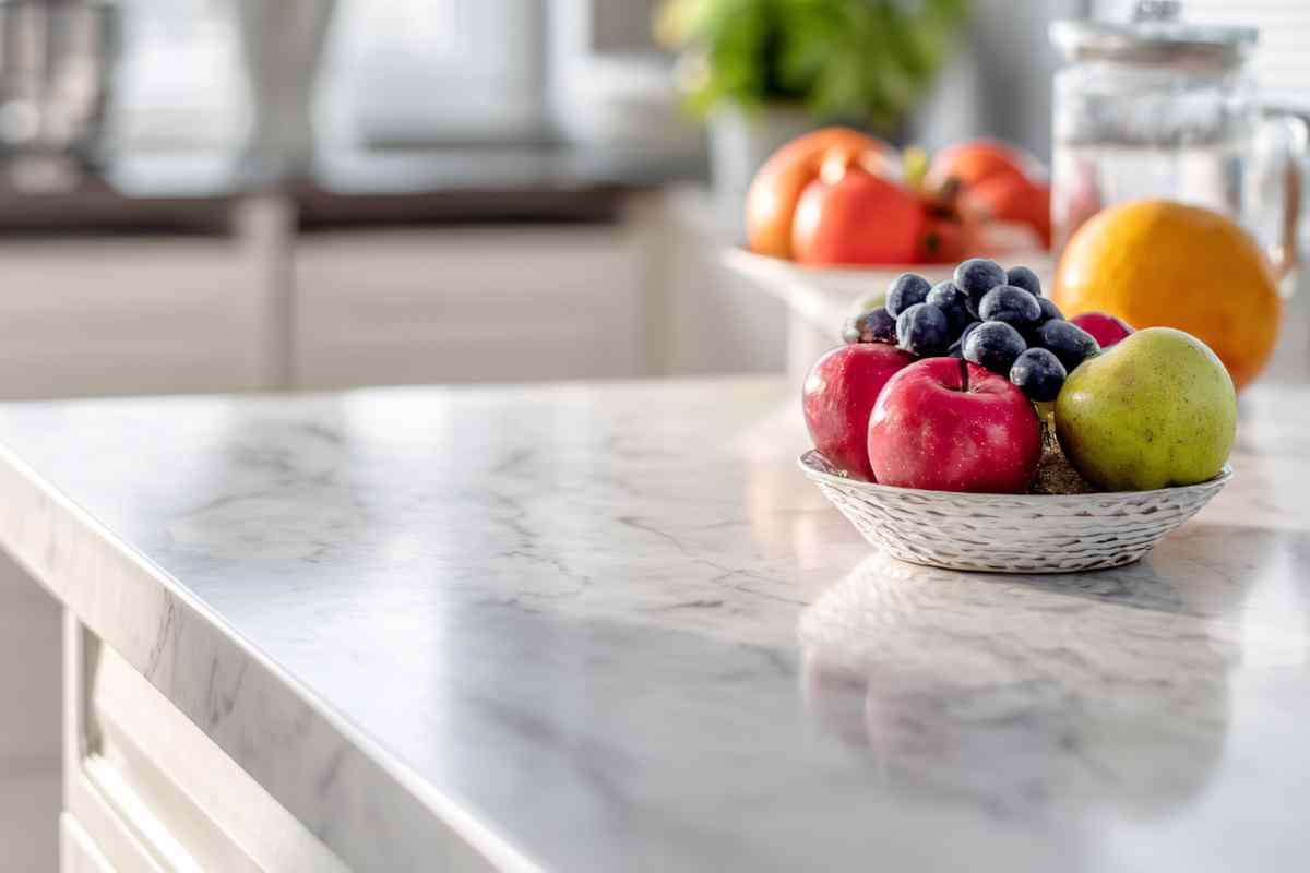 isola in cucina con top in marmo sintetico con sopra una ciotola piena di frutta fresca