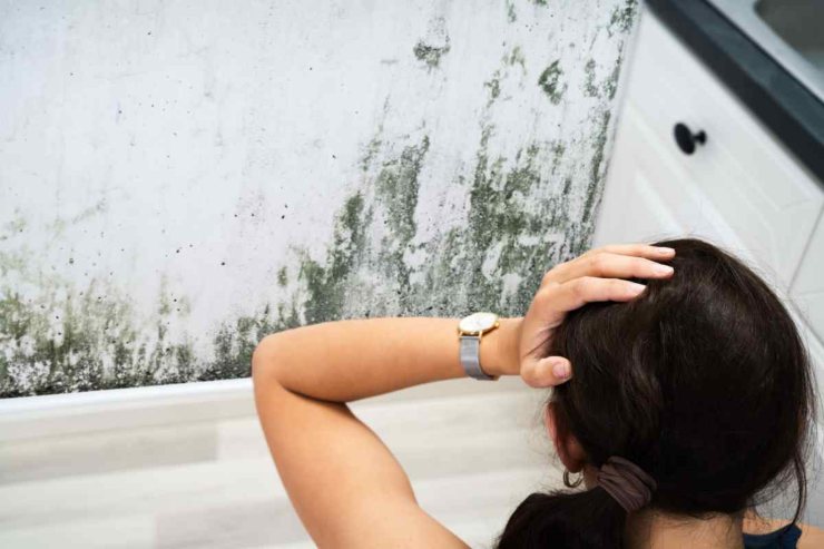muffa e donna con mani sulla testa