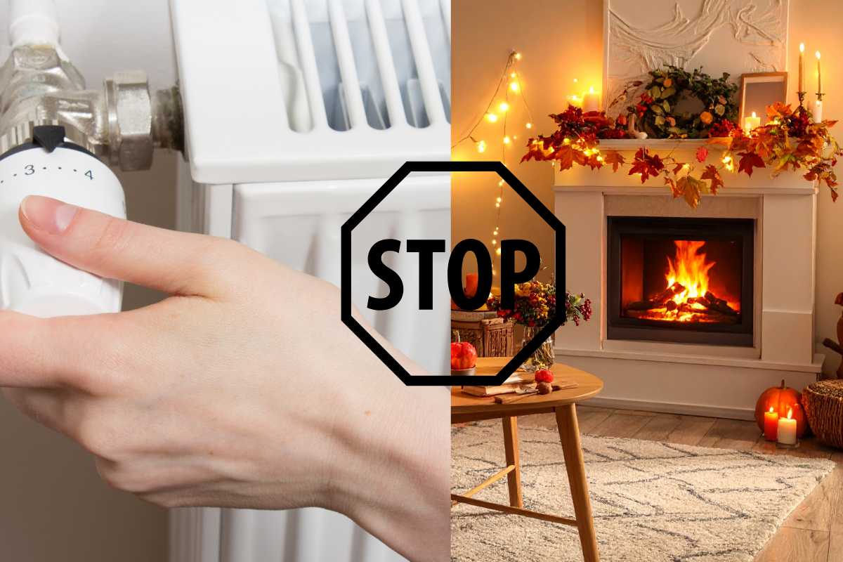 Un termosifone con la manovella a sinistra e un camino acceso a destra e la scritta "Stop" al centro