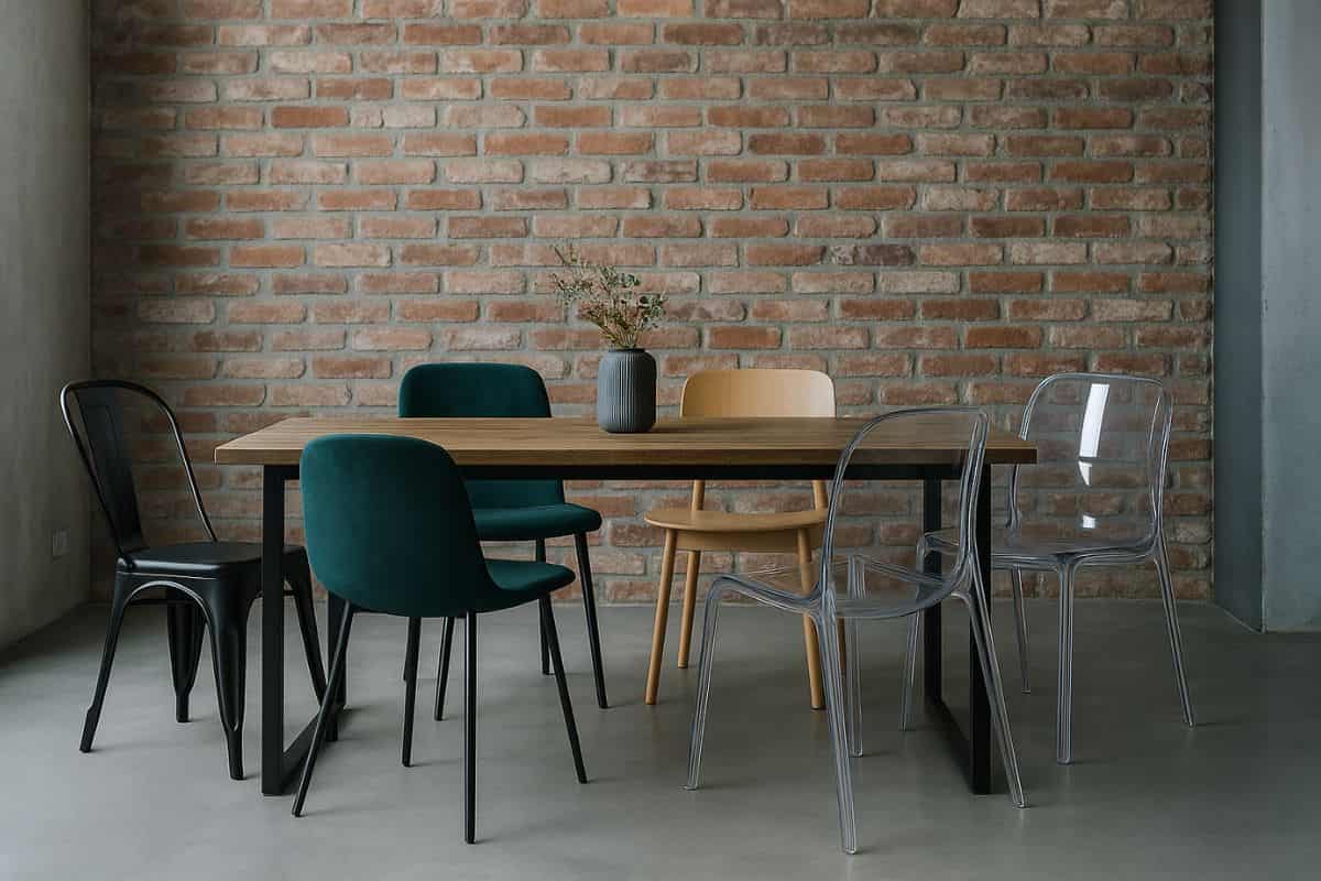 Sedie di legno, sedie trasparenti e sedie in velluto