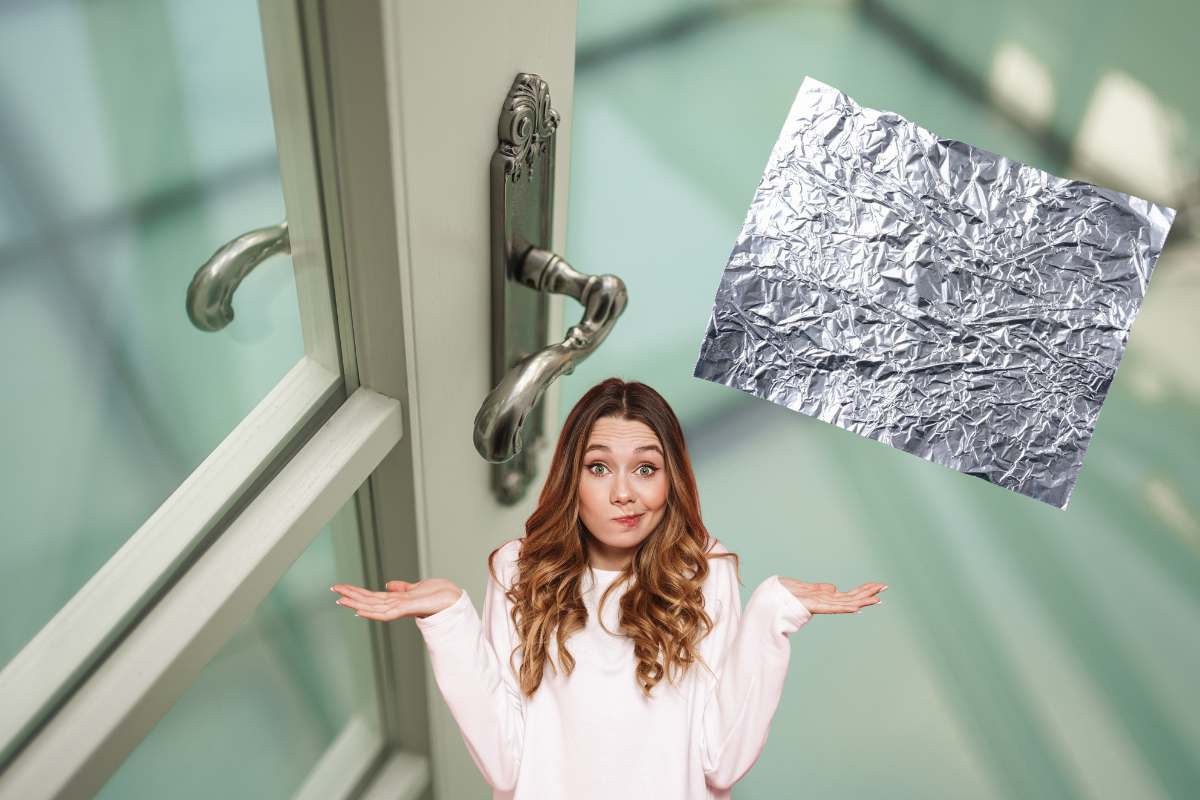 Una porta ed un pezzo di alluminio ed una persona al centro confusa