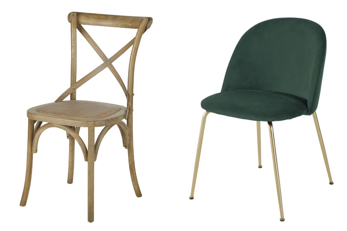 Sedia rattan e sedia in velluto verde