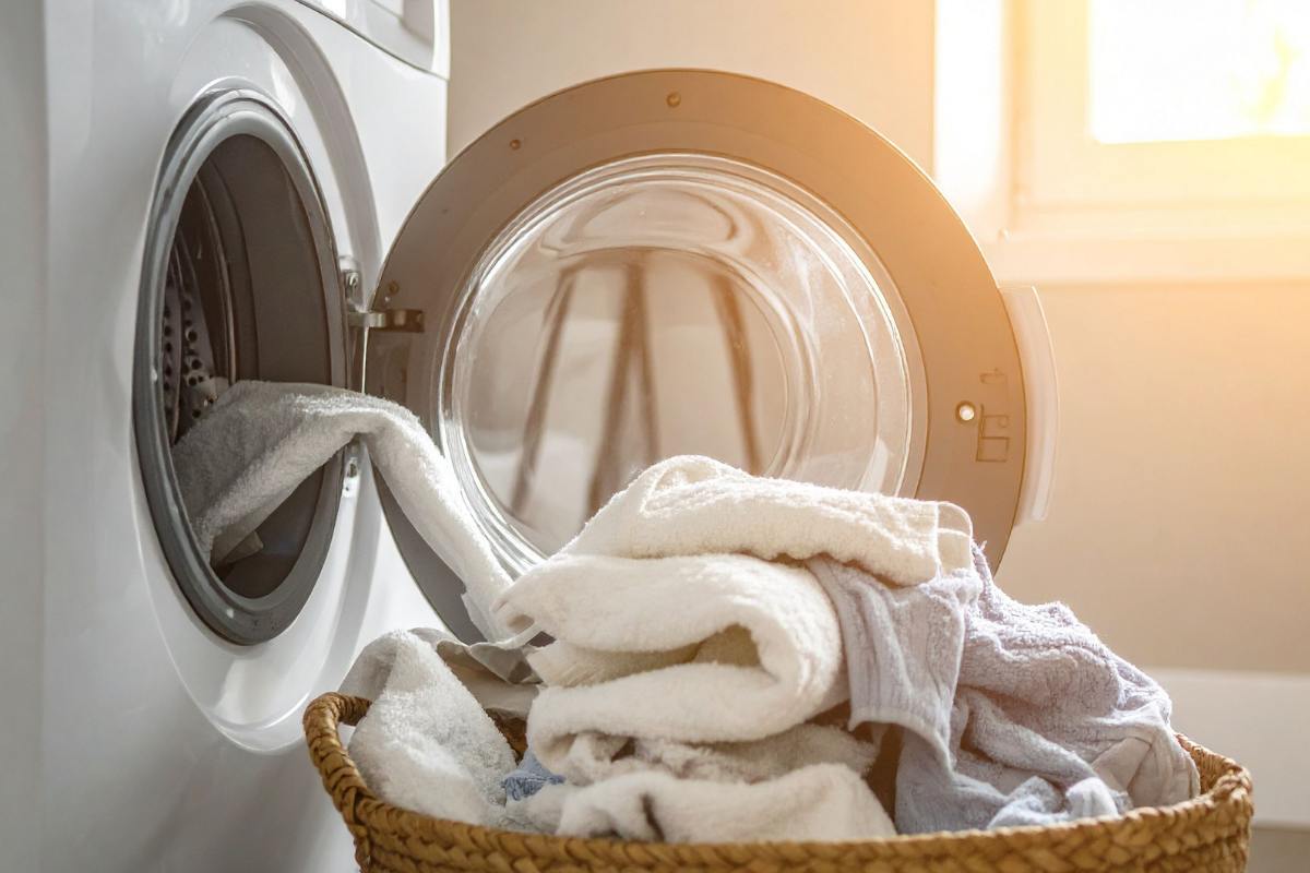 Una lavatrice aperta con il bucato che cade dentro una cesta