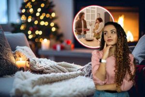 casa addobbata per natale, ospiti in casa in icona e donna che pensa